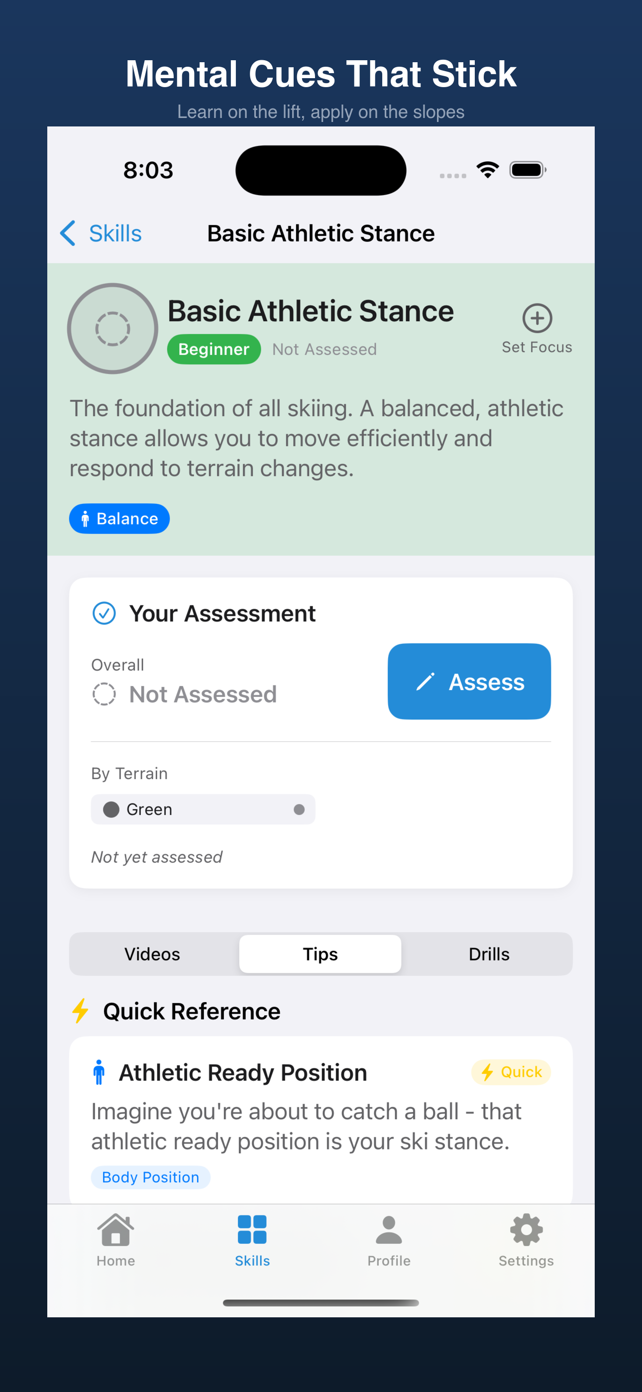 Turn Lab mental cues screen with vivid imagery tips for remembering ski technique on the slopes